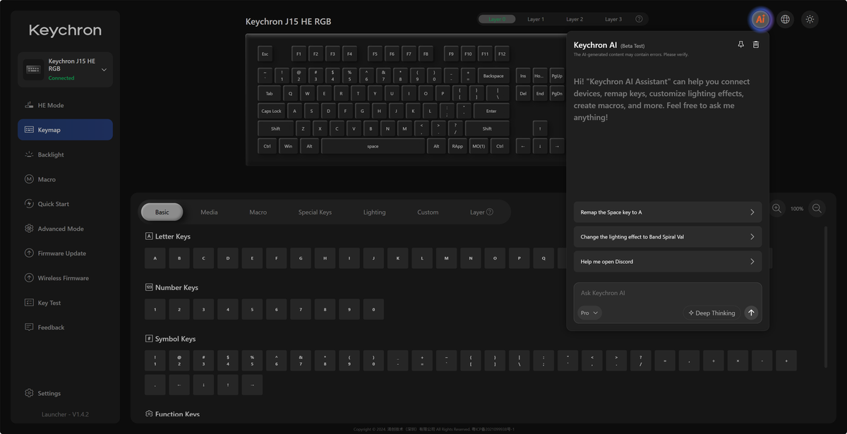The open-source QMK firmware means endless possibilities for key remapping, macros, shortcuts, and more. Now you can easily customize each key with the Keychron Launcher web app.