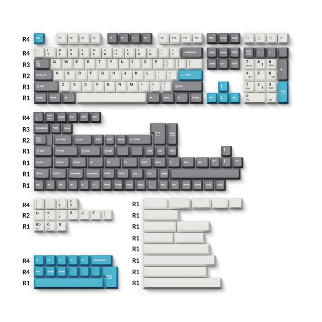 Keychron double-shot PBT Cherry full set keycap set grey white and blue overview
