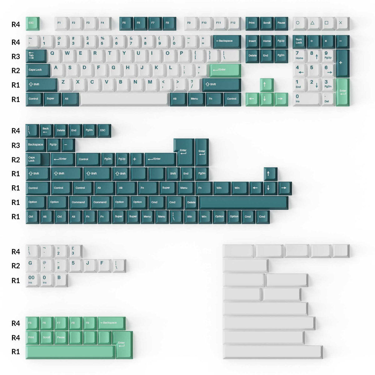 Cherry Profile Double - Shot PBT Full Set Keycaps - White Mint ...